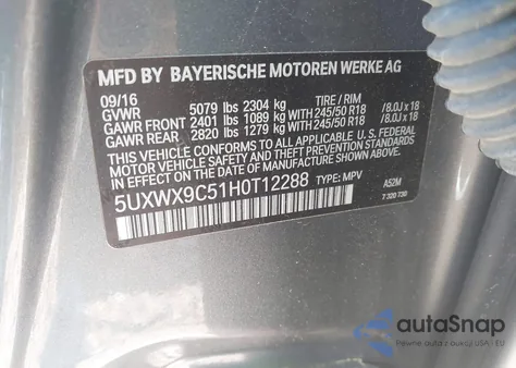 2017 BMW X3 xDrive28I z USA, uszkodzony, nr VIN 5UXWX9C51H0T12288